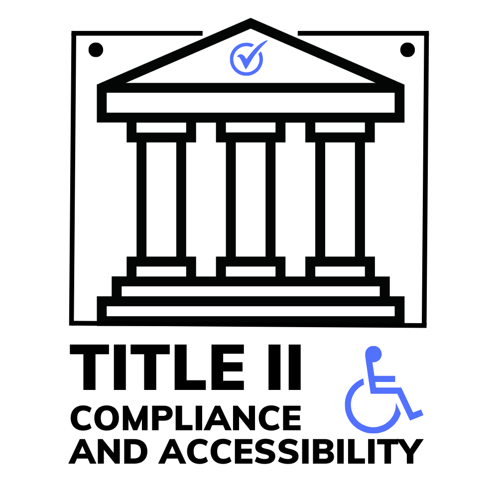 A black and white icon of a government building with columns, enclosed in a document-like outline with two circular fasteners at the top corners. A blue checkmark symbol is placed inside a small circle at the top of the building. Below the icon, bold black text reads 